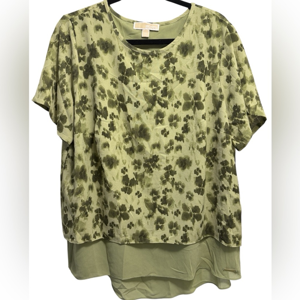 Michael Kors Olive Floral Short Sleeve layered shift Top